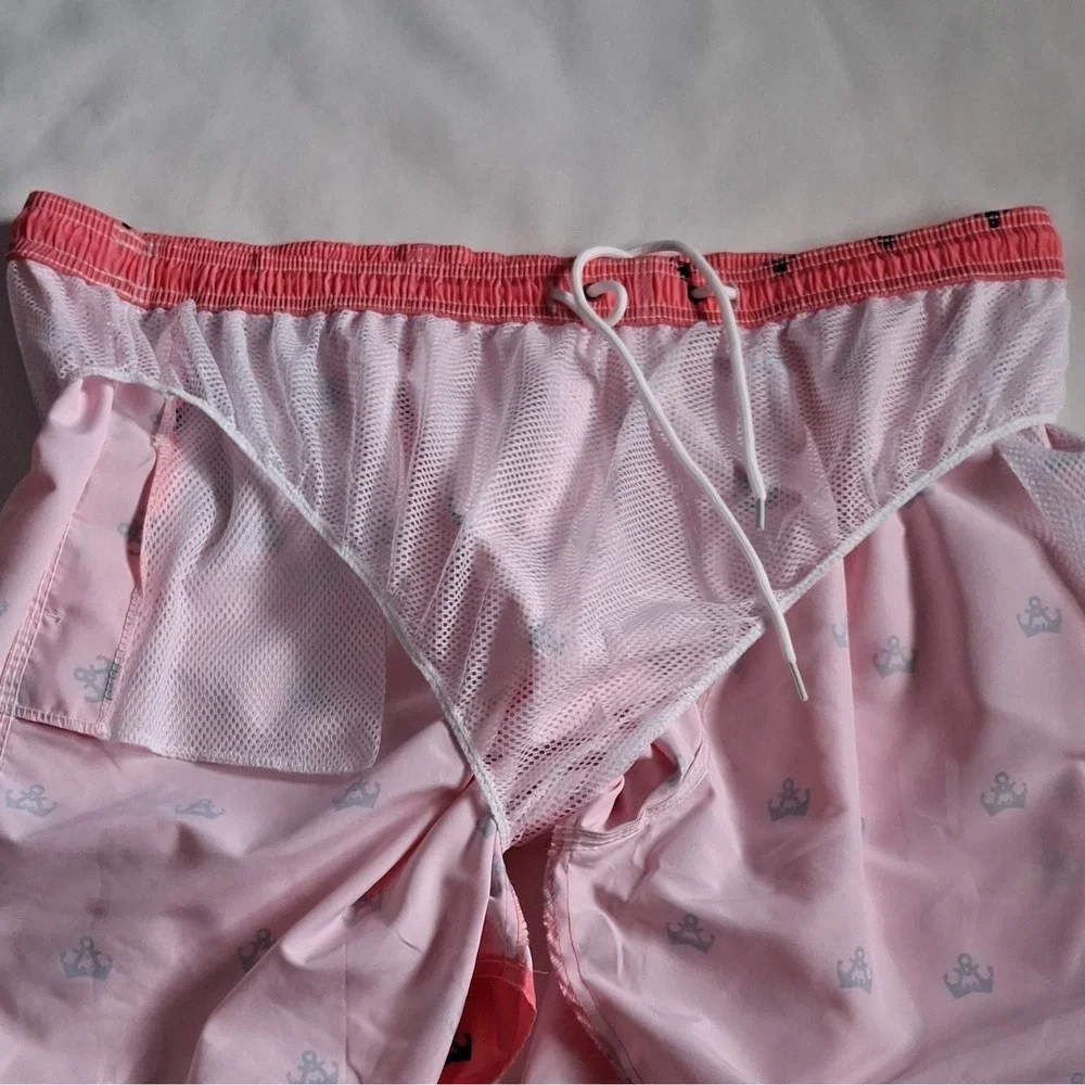 Scotamalone Men's Anchor Print Swim Trunks Pink/Black Mesh Lined Size XXXL